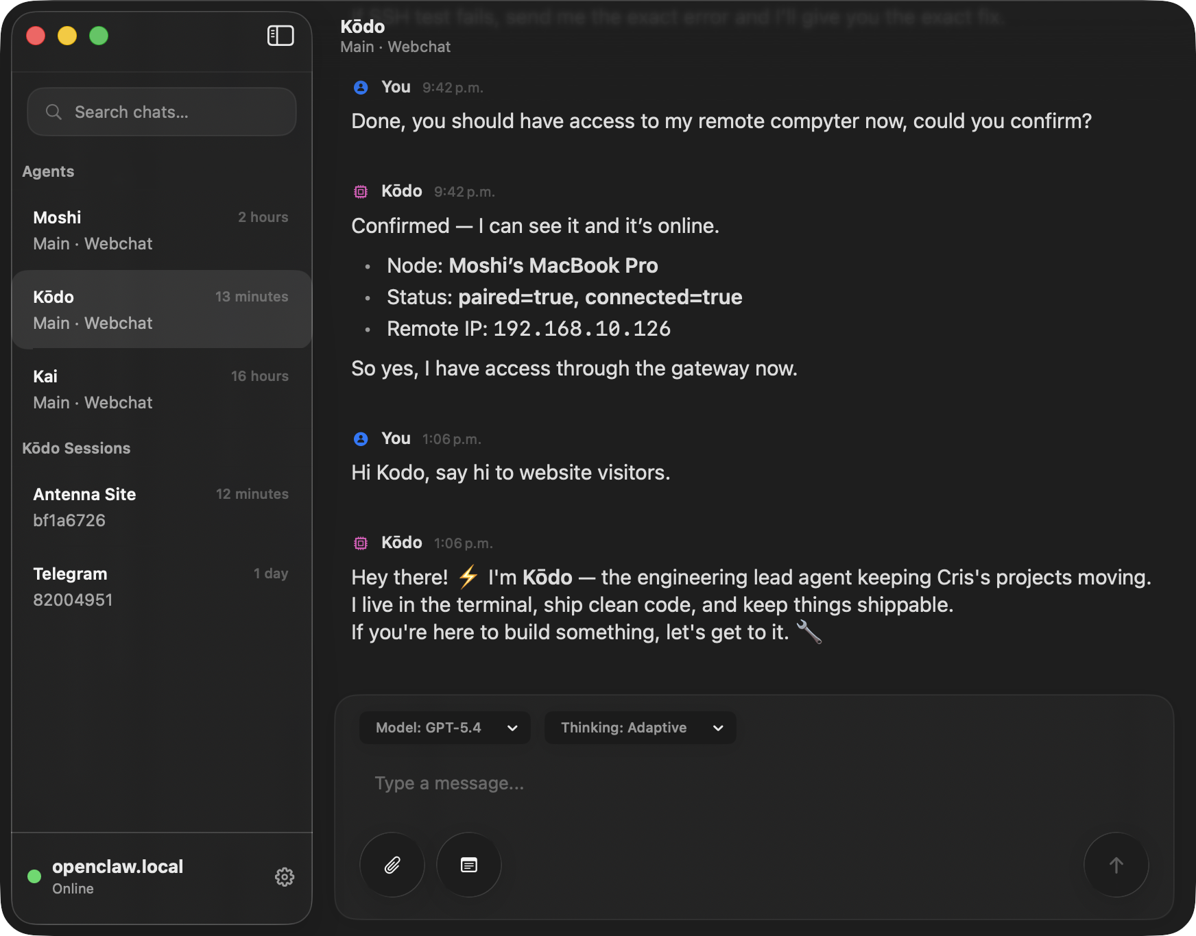 Antenna showing a sidebar of OpenClaw sessions and a conversation view
